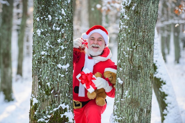 Santa claus in the winter forest with a bag of gifts snow landscape happy new year