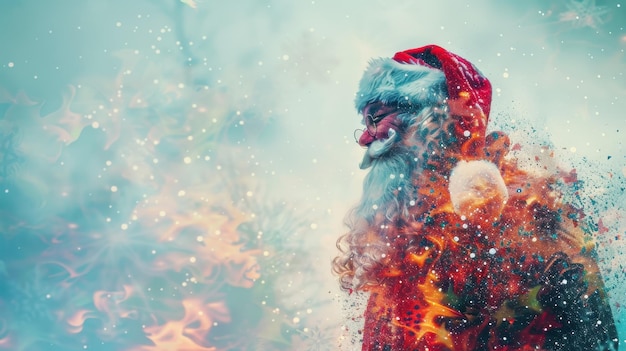 Photo santa claus in winter wonderland with sparkling snow and fire