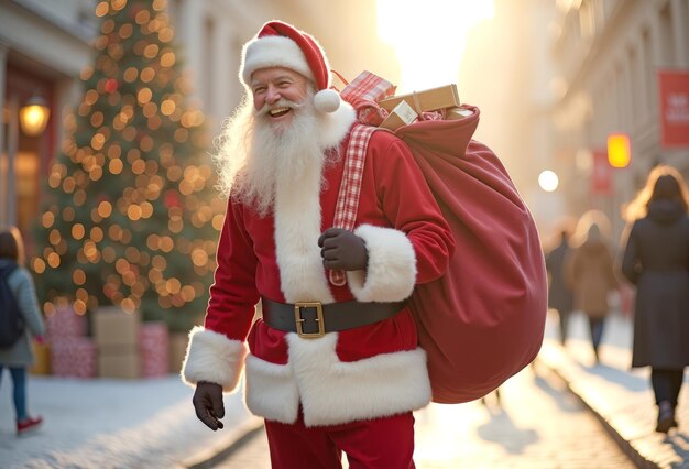 Photo santa claus with a bag of gifts on his back walking down the street smiling waving christmas eve