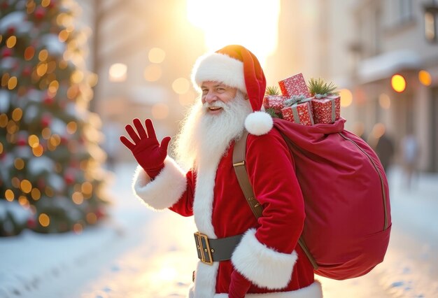 Santa Claus with a bag of gifts on his back walking down the street smiling waving Christmas Eve