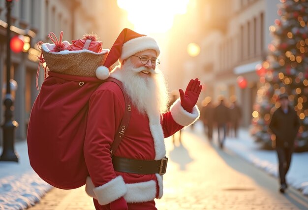 Santa Claus with a bag of gifts on his back walking down the street smiling waving Christmas Eve