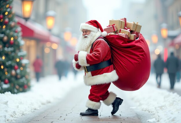 Photo santa claus with a bag of gifts on his back walking down the street