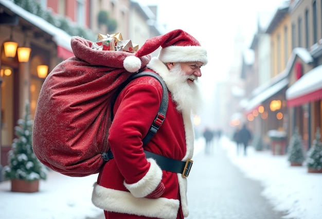 Photo santa claus with a bag of gifts on his back walking down the street