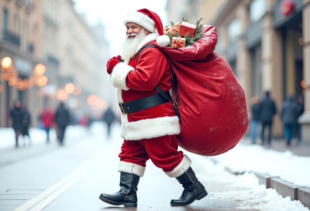 Photo santa claus with a bag of gifts on his back walking down the street