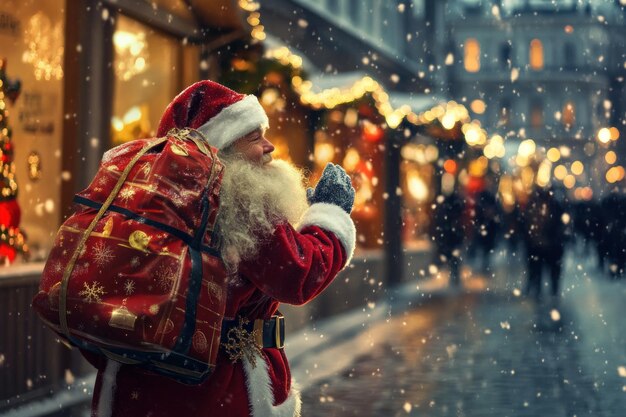 Photo santa claus with a bag of gifts on the street