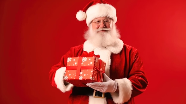 Santa Claus with a Christmas present on a red plain background Generative AI