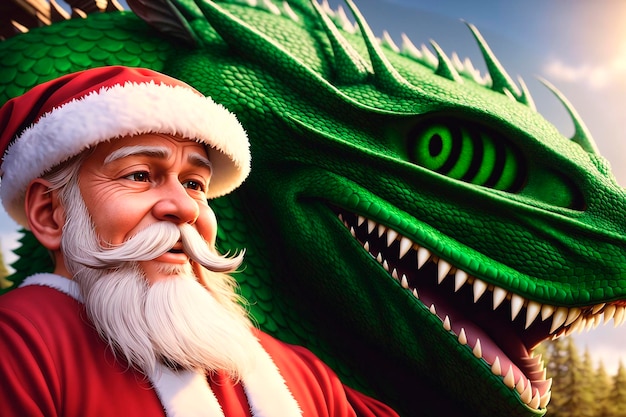 Santa claus with dragon Portrait of grandpa claus in santa costume with big green animal Generative AI