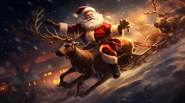 Santa Claus with flying reindeer