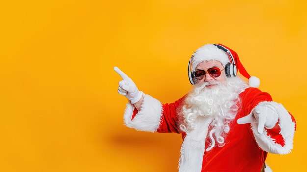 Photo santa claus with headphones and sunglasses dancing set against a yellow background