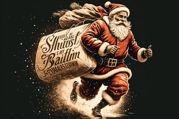 Photo santa claus with a huge bag on the run to delivery christmas gifts at snow fall vector illustration