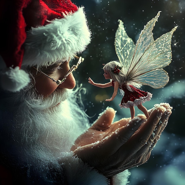 Photo santa claus with little fairy in her hands christmas and new year concept