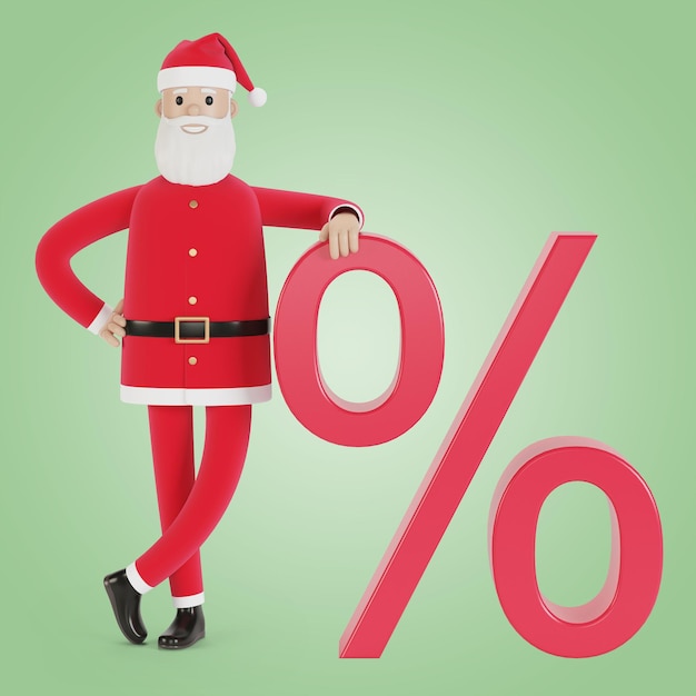 Santa Claus with a percent sign Christmas discounts sale 3D illustration in cartoon style