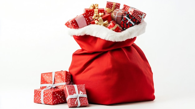 Photo santa claus with red bag full of presents isolated on white background