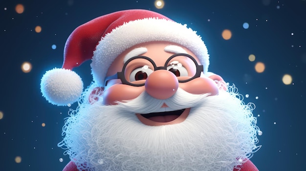 A santa claus with a red hat and glasses stands in front of a christmas tree.