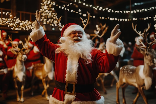 Photo santa claus with reindeer in festive setting