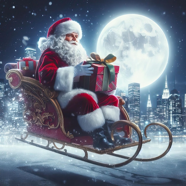 Santa Claus with sled deer and Christmas presents Generative AI