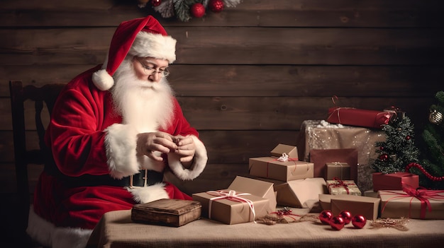 Santa claus with a stack of presents on a table