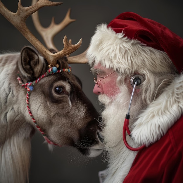 Photo santa claus with a stethoscope listens to the heartbeat of a reindeer on a gray background