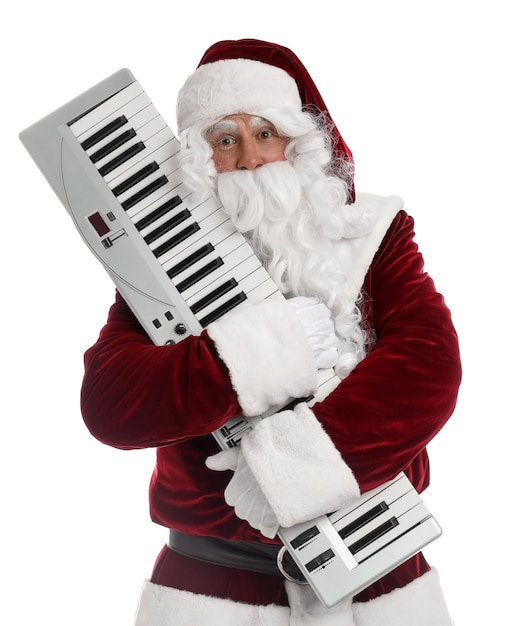 Santa Claus with synthesizer on white background Christmas music