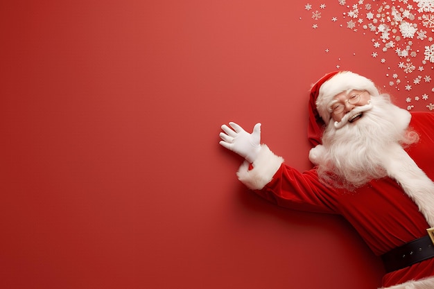 Photo santa claus with a white beard and mustache smiles with a welcoming hand gesture a red background and snowflakes