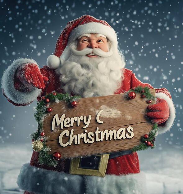 Photo santa claus with wooden sign wishing merry christmas in snow