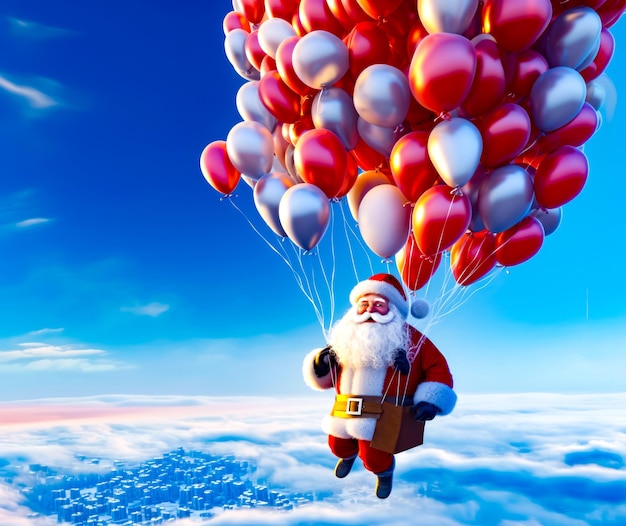 Santa clause flying in the sky with bunch of red and white balloons Generative AI