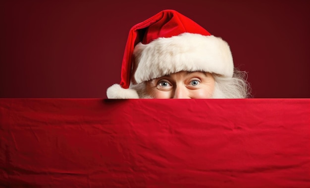 Santa clause peeking out of a wall with a blank red background poster