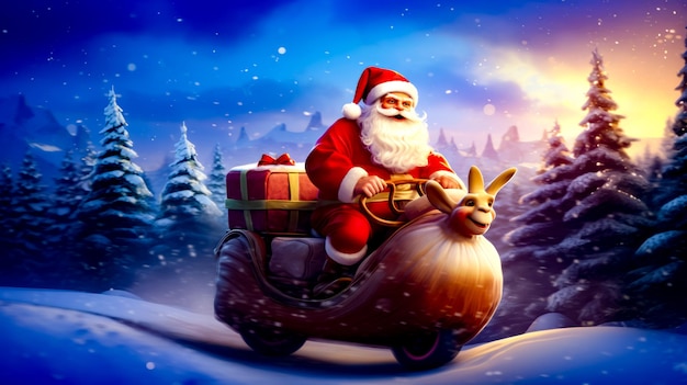 Santa clause riding in car with reindeer on the back of it Generative AI