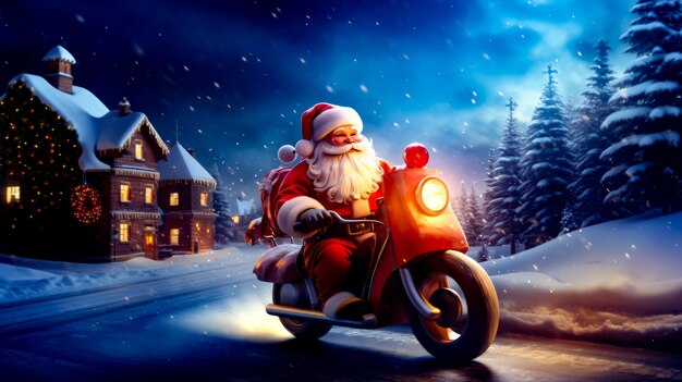 Santa clause riding motorcycle down snowy road in front of house Generative AI