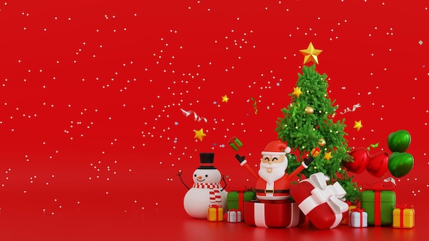 Santa clause snowman and Christmas tree gifts box Happy New year and Merry Christmas 3D rendering