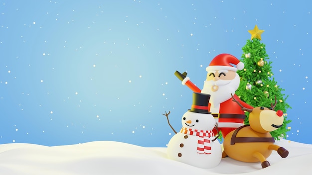 Santa clause snowman and Christmas tree gifts box Happy New year and Merry Christmas 3D rendering