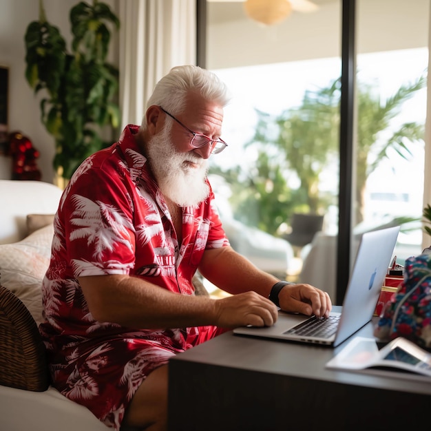 Santa Clause in sweatpants and Hawaiian shirt sitting in his office at his laptop