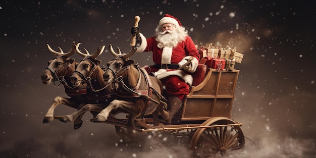 Santa Clauses' sleigh and present box are seen against a background of snow Generative AI