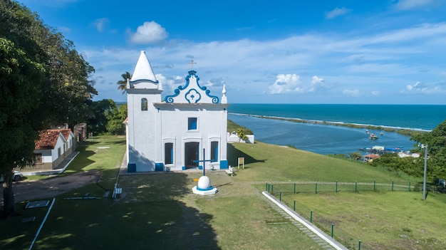 Santa Cruz Cabralia, Bahia-Brazil- Circa January 2021: aerial view of the church of our lady of conception in the city of Santa Cruz Cabralia, in the south of Bahia