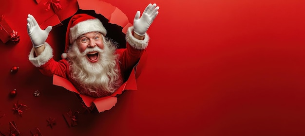 Photo santa emerging from red paper gesturing on a solid background banner style