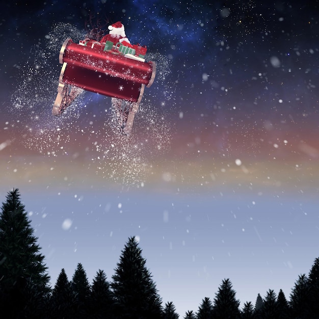 Photo santa flying his sleigh against snow falling on fir tree forest