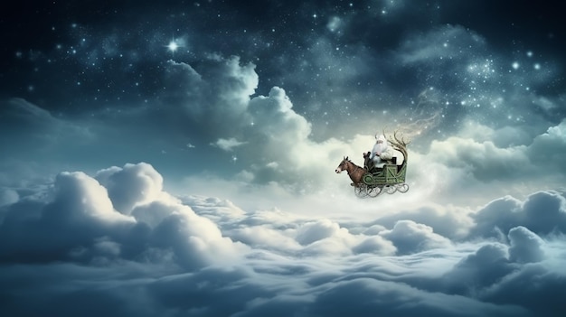 Santa flying over night sky Marry Christmas and happy holiday