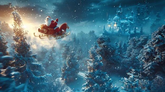 Photo santa flying over a snowcovered forest