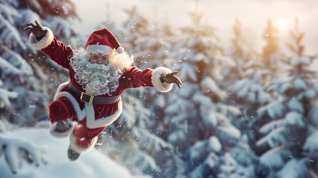 Photo santa flying over a snowcovered forest