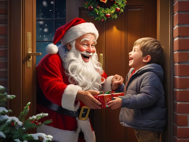 Santa giving gift to boy