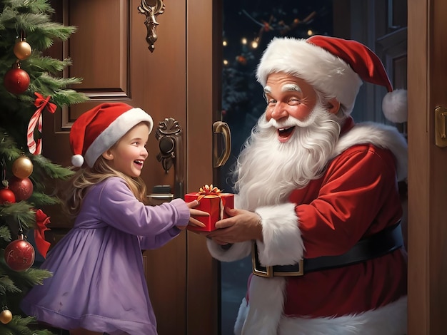 Santa giving gift to girl