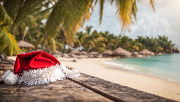 Santa hat against the background of the sea tropical leaves