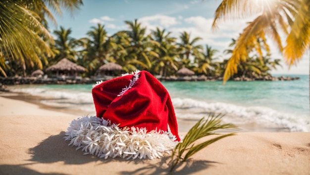 Santa hat against the background of the sea tropical leaves