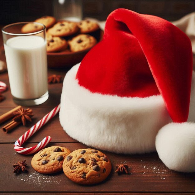 a santa hat and a glass of milk are on a table