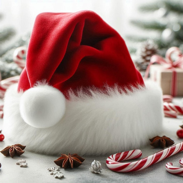 a santa hat is sitting on a table next to a candy cane