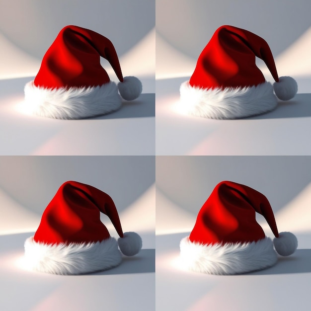 a santa hat is on a white table with a red santa hat on it