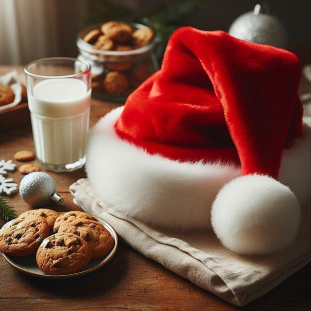 a santa hat sits on a table next to cookies and cookies