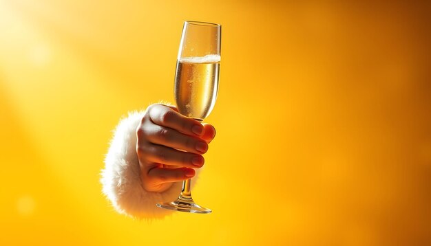 Santa Holding Champagne Flute isolated over light yellow Hand and arm only isolated with white