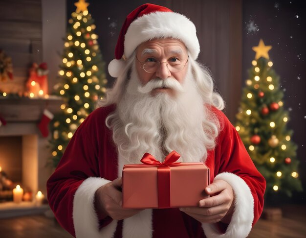 a santa holding a gift with a christmas tree in the background