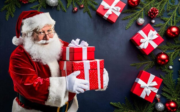 Photo santa holding red christmas presents with white ribbons on a dark background